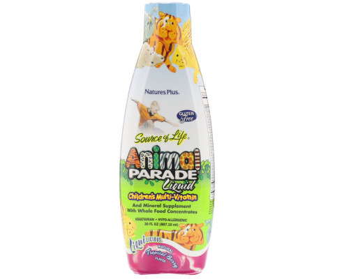 Nature's Plus, Источник жизни, жидкие мультивитамины для детей от Animal Parade, натуральный вкус тропических ягод, 30 жидких унций (887.10 мл) Nature's Plus, Источник жизни, жидкие мультивитамины для детей от Animal Parade, натуральный вкус тропических ягод, 30 жидких унций (887.10 мл)