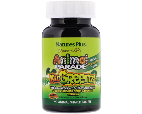 Nature's Plus, Источник жизни, Таблетки для детей в форме животных из зеленых овощей, Натуральный вкус тропических фруктов, 90 животных Nature's Plus, Источник жизни, Таблетки для детей в форме животных из зеленых овощей, Натуральный вкус тропических фруктов, 90 животных