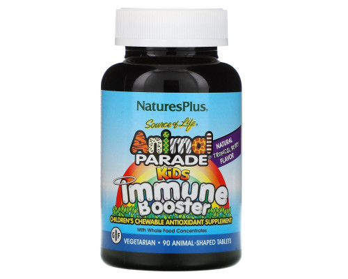 Nature's Plus, Источник жизни, Жевательные таблетки для детей для защиты иммунитета со вкусом тропических ягод, 90 животных Nature's Plus, Источник жизни, Жевательные таблетки для детей для защиты иммунитета со вкусом тропических ягод, 90 животных