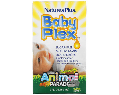 Nature's Plus, Source of Life, Animal Parade, Baby Plex, жидкие мультивитаминные капли без сахара, с натуральным вкусом апельсина, 2 жидкие унции (60 мл)