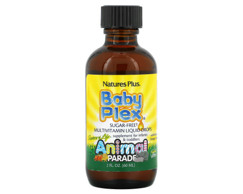 Nature's Plus, Source of Life, Animal Parade, Baby Plex, жидкие мультивитаминные капли без сахара, с натуральным вкусом апельсина, 2 жидкие унции (60 мл)
