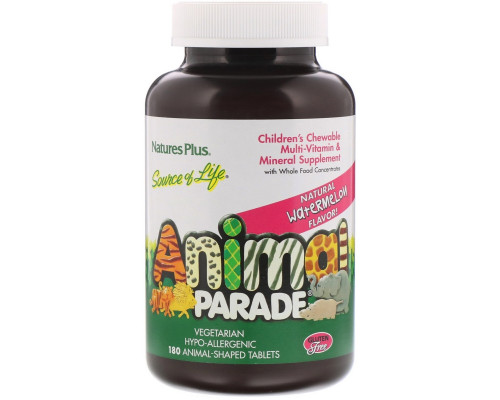 Nature's Plus, Источник жизни, парад животных, детские, жевательные, натуральный вкус арбуза, 180 животных Nature's Plus, Источник жизни, парад животных, детские, жевательные, натуральный вкус арбуза, 180 животных
