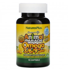 Nature's Plus, Источник жизни, Парад животных, Омега 3/6/9 для детей, Натуральный лимонный вкус, 90 желатиновых капсул