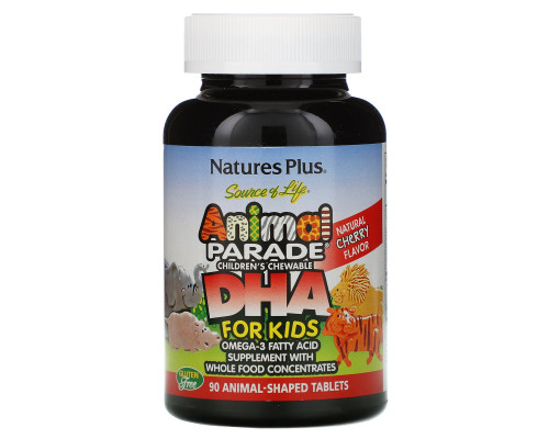 Nature's Plus, Источник жизни, DHA для детей, детские жевательные конфеты "Шествие животных", с натуральным вишневым вкусом, 90 штук