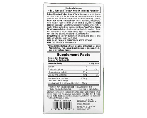 Nature's Plus, Добавка для взрослых «Ухо, Горло, Нос» со вкусом вишни, 60 таблеток для рассасывания Nature's Plus, Добавка для взрослых «Ухо, Горло, Нос» со вкусом вишни, 60 таблеток для рассасывания