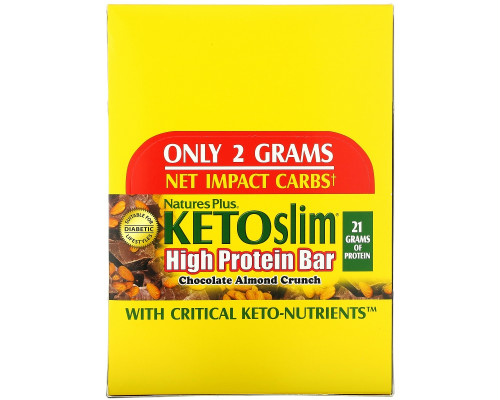 Nature's Plus, KETOslim, батончик с высоким содержанием протеина, шоколад и миндаль, 12 батончиков по 2,1 унции (60 г) каждый Nature's Plus, KETOslim, батончик с высоким содержанием протеина, шоколад и миндаль, 12 батончиков по 2,1 унции (60 г) каждый