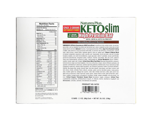Nature's Plus, KETOslim, батончик с высоким содержанием протеина, шоколад и миндаль, 12 батончиков по 2,1 унции (60 г) каждый Nature's Plus, KETOslim, батончик с высоким содержанием протеина, шоколад и миндаль, 12 батончиков по 2,1 унции (60 г) каждый