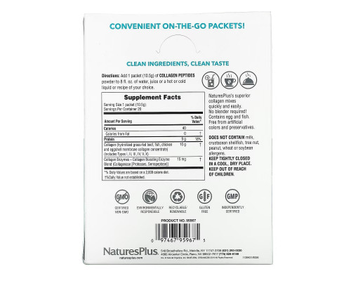 NaturesPlus, Collagen Peptides, 20 Stick Packets, 0.37 oz. (10.5 g) Each NaturesPlus, Collagen Peptides, 20 Stick Packets, 0.37 oz. (10.5 g) Each