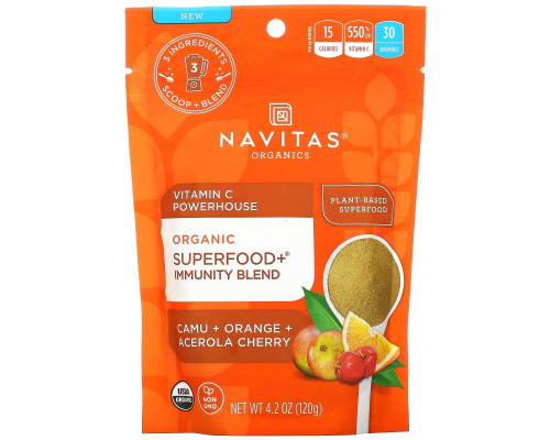 Navitas Organics, Organic Superfood+ Immunity Blend, Vitamin C Powerhouse, Camu + Orange + Acerola Cherry, 4.2 oz (120 g) Navitas Organics, Organic Superfood+ Immunity Blend, Vitamin C Powerhouse, Camu + Orange + Acerola Cherry, 4.2 oz (120 g)