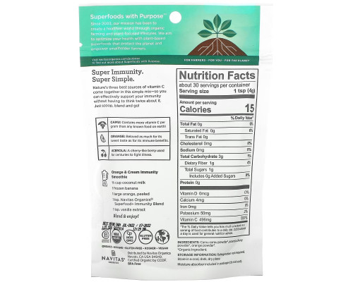 Navitas Organics, Organic Superfood+ Immunity Blend, Vitamin C Powerhouse, Camu + Orange + Acerola Cherry, 4.2 oz (120 g) Navitas Organics, Organic Superfood+ Immunity Blend, Vitamin C Powerhouse, Camu + Orange + Acerola Cherry, 4.2 oz (120 g)