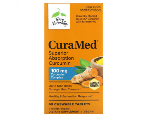 Имбирь и куркума Terry Naturally, CuraMed, куркумин для превосходной усвояемости, 100 мг, 60 жевательных таблеток Имбирь и куркума Terry Naturally, CuraMed, куркумин для превосходной усвояемости, 100 мг, 60 жевательных таблеток