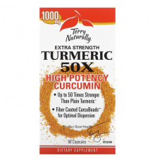 Имбирь и куркума Terry Naturally, Extra Strength Turmeric 50X, высокоэффективный куркумин, 1000 мг, 60 капсул