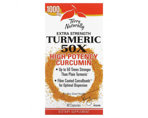 Имбирь и куркума Terry Naturally, Extra Strength Turmeric 50X, высокоэффективный куркумин, 1000 мг, 60 капсул Имбирь и куркума Terry Naturally, Extra Strength Turmeric 50X, высокоэффективный куркумин, 1000 мг, 60 капсул