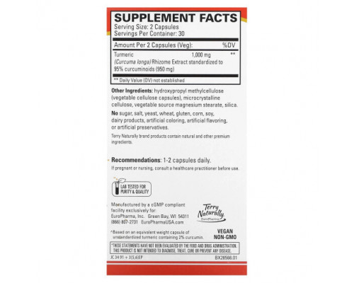 Имбирь и куркума Terry Naturally, Extra Strength Turmeric 50X, высокоэффективный куркумин, 1000 мг, 60 капсул Имбирь и куркума Terry Naturally, Extra Strength Turmeric 50X, высокоэффективный куркумин, 1000 мг, 60 капсул