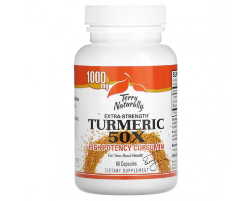 Имбирь и куркума Terry Naturally, Extra Strength Turmeric 50X, высокоэффективный куркумин, 1000 мг, 60 капсул Имбирь и куркума Terry Naturally, Extra Strength Turmeric 50X, высокоэффективный куркумин, 1000 мг, 60 капсул