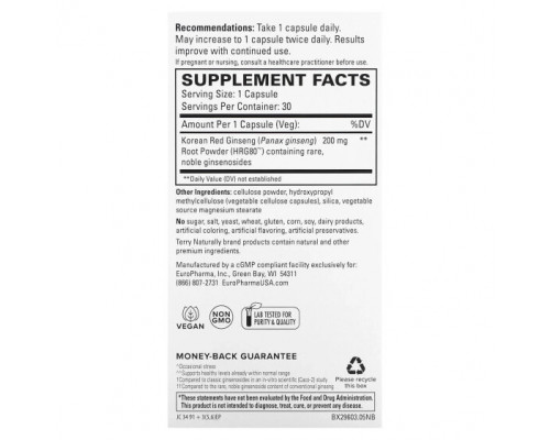 Женьшень Terry Naturally, HRG80 Red Ginseng Energy, 30 капсул Женьшень Terry Naturally, HRG80 Red Ginseng Energy, 30 капсул