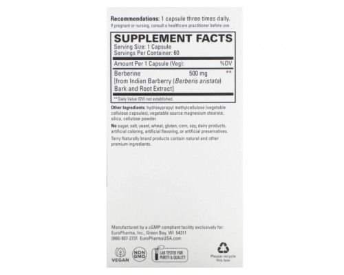 Фрукты и ягоды Terry Naturally, берберин, 500 мг, 60 капсул Фрукты и ягоды Terry Naturally, берберин, 500 мг, 60 капсул