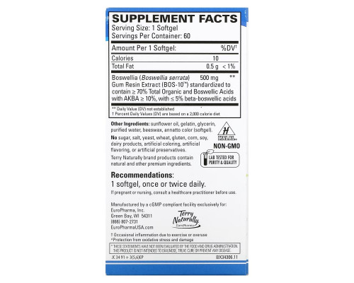 Terry Naturally, BosMed 500, Экстра сила, Улучшенная босвелия, 500 мг, 60 мягких капсул Terry Naturally, BosMed 500, Экстра сила, Улучшенная босвелия, 500 мг, 60 мягких капсул