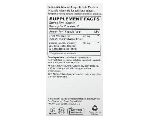 Аюрведа Terry Naturally, Греческий горный чай + бакопа, 30 капсул Аюрведа Terry Naturally, Греческий горный чай + бакопа, 30 капсул