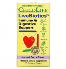 ChildLife, LiveBiotics, Immune & Digestive Support, Natural Berry Flavor, 5 Billion CFU, 30 Chewable Tablets