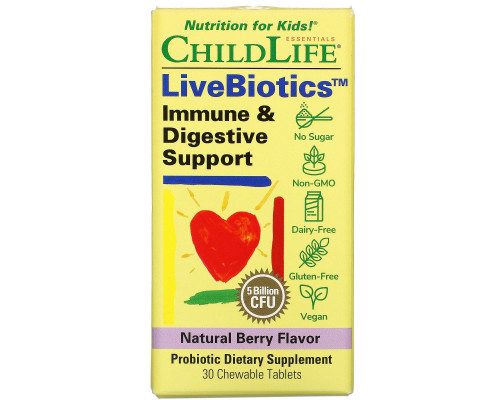 ChildLife, LiveBiotics, Immune & Digestive Support, Natural Berry Flavor, 5 Billion CFU, 30 Chewable Tablets ChildLife, LiveBiotics, Immune & Digestive Support, Natural Berry Flavor, 5 Billion CFU, 30 Chewable Tablets