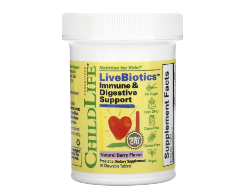 ChildLife, LiveBiotics, Immune & Digestive Support, Natural Berry Flavor, 5 Billion CFU, 30 Chewable Tablets ChildLife, LiveBiotics, Immune & Digestive Support, Natural Berry Flavor, 5 Billion CFU, 30 Chewable Tablets