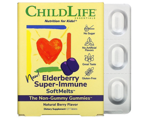 ChildLife, Elderberry Super-Immune SoftMelts, натуральный ягодный вкус, 27 таблеток ChildLife, Elderberry Super-Immune SoftMelts, натуральный ягодный вкус, 27 таблеток