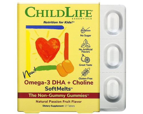 ChildLife, Omega-3 DHA + Choline SoftMelts, Natural Passion Fruit Flavor, 27 Tablets ChildLife, Omega-3 DHA + Choline SoftMelts, Natural Passion Fruit Flavor, 27 Tablets