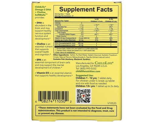 ChildLife, Omega-3 DHA + Choline SoftMelts, Natural Passion Fruit Flavor, 27 Tablets ChildLife, Omega-3 DHA + Choline SoftMelts, Natural Passion Fruit Flavor, 27 Tablets