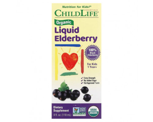 Детское здоровье ChildLife Essentials, Органическая жидкая бузина, от 1 года, 118 мл (4 жидк. Унции) Детское здоровье ChildLife Essentials, Органическая жидкая бузина, от 1 года, 118 мл (4 жидк. Унции)