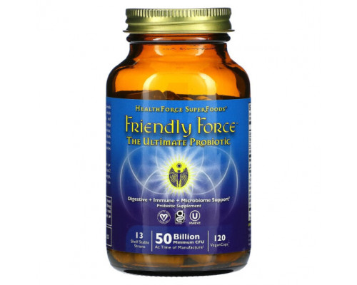 Для пищеварительной системы HealthForce Superfoods, Friendly Force, лучший пробиотик, 25 млрд КОЕ, 120 веганских капсул Для пищеварительной системы HealthForce Superfoods, Friendly Force, лучший пробиотик, 25 млрд КОЕ, 120 веганских капсул
