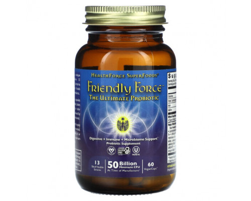 Для пищеварительной системы HealthForce Superfoods, Friendly Force, лучший пробиотик, 60 веганских капсул Для пищеварительной системы HealthForce Superfoods, Friendly Force, лучший пробиотик, 60 веганских капсул