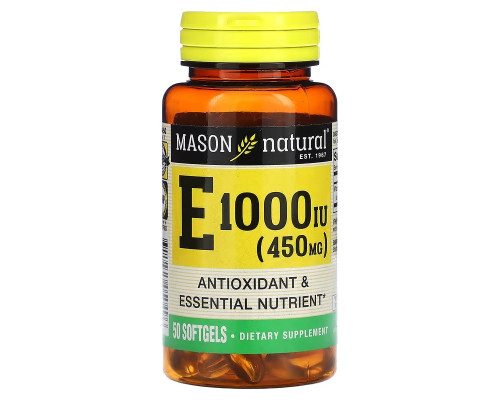 Mason Natural, Витамин E, 450 мг (1000 МЕ), 50 мягких таблеток Mason Natural, Витамин E, 450 мг (1000 МЕ), 50 мягких таблеток