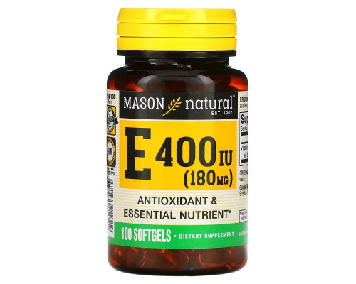 Mason Natural, Витамин E, 400 IU, 100 мягких желатиновых капсул Mason Natural, Витамин E, 400 IU, 100 мягких желатиновых капсул