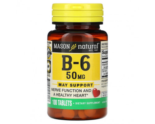 Витамины группы B Mason Natural, Витамин B6, 50 мг, 100 таблеток Витамины группы B Mason Natural, Витамин B6, 50 мг, 100 таблеток