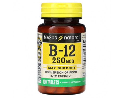 Витамины группы B Mason Natural, Витамин B-12, 250 мкг, 100 таблеток Витамины группы B Mason Natural, Витамин B-12, 250 мкг, 100 таблеток