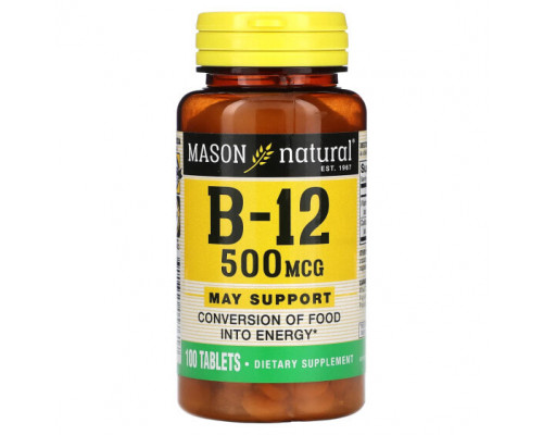 Витамины группы B Mason Natural, Витамин B-12, 500 мкг, 100 таблеток Витамины группы B Mason Natural, Витамин B-12, 500 мкг, 100 таблеток
