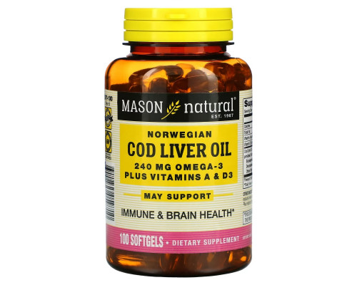 Mason Natural, Масло печени норвежской трески плюс витамины A и D3, 100 мягких таблеток Mason Natural, Масло печени норвежской трески плюс витамины A и D3, 100 мягких таблеток