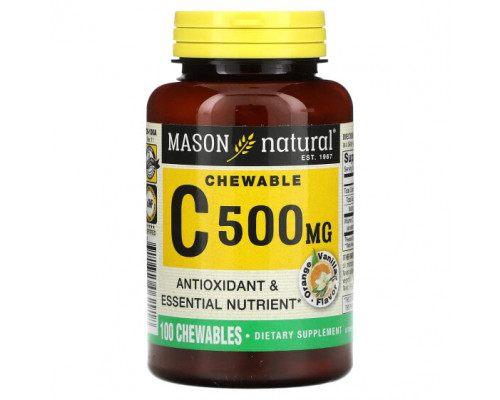 Витамин C Mason Natural, Витамин C, апельсин и ваниль, 500 мг, 100 жевательных таблеток Витамин C Mason Natural, Витамин C, апельсин и ваниль, 500 мг, 100 жевательных таблеток