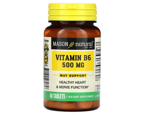 Витамины группы B Mason Natural, Витамин B6, 500 мг, 60 таблеток Витамины группы B Mason Natural, Витамин B6, 500 мг, 60 таблеток