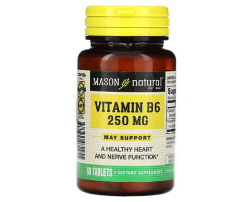 Витамины группы B Mason Natural, Витамин B6, 250 мг, 60 таблеток Витамины группы B Mason Natural, Витамин B6, 250 мг, 60 таблеток