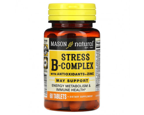 Витамины группы B Mason Natural, Стресс B-комплекс с антиоксидантами и цинком, 60 таблеток Витамины группы B Mason Natural, Стресс B-комплекс с антиоксидантами и цинком, 60 таблеток