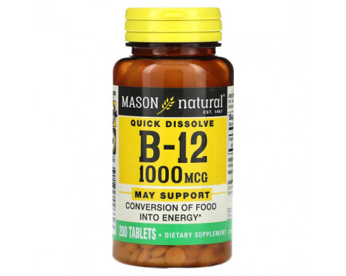 Витамины группы B Mason Natural, Quick Dissolve, витамин B12, 1000 мкг, 200 таблеток Витамины группы B Mason Natural, Quick Dissolve, витамин B12, 1000 мкг, 200 таблеток