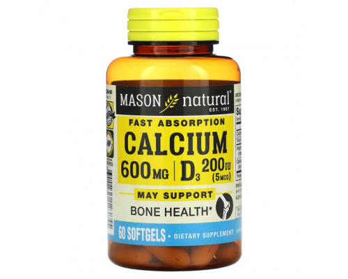 Кальций Mason Natural, Кальций с витамином D3, 60 мягких таблеток Кальций Mason Natural, Кальций с витамином D3, 60 мягких таблеток