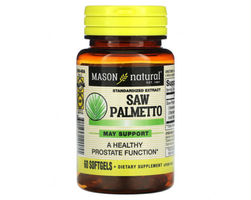 Мужское здоровье Mason Natural, Saw Palmetto, стандартизированный экстракт, 60 мягких таблеток Мужское здоровье Mason Natural, Saw Palmetto, стандартизированный экстракт, 60 мягких таблеток