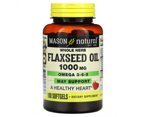 Рыбий жир и Омега 3, 6, 9 Mason Natural, Льняное масло из цельных трав, 1000 мг, 100 мягких таблеток Рыбий жир и Омега 3, 6, 9 Mason Natural, Льняное масло из цельных трав, 1000 мг, 100 мягких таблеток