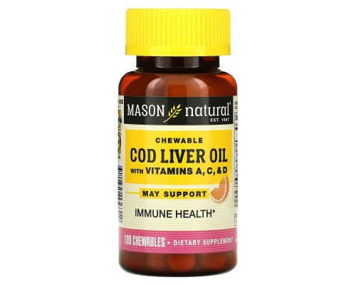 Mason Natural, Chewable Cod Liver Oil, with Vitamins A, C, & D, Orange Flavor, 100 Tablets Mason Natural, Chewable Cod Liver Oil, with Vitamins A, C, & D, Orange Flavor, 100 Tablets