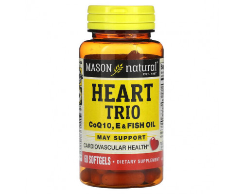 Для сердца и сосудов Mason Natural, Heart Trio, коэнзим Q10, пищевой и рыбий жир, 60 мягких таблеток Для сердца и сосудов Mason Natural, Heart Trio, коэнзим Q10, пищевой и рыбий жир, 60 мягких таблеток