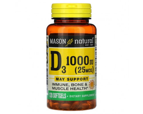 Витамин D Mason Natural, витамин D3, 25 мкг (1000 МЕ), 120 капсул Витамин D Mason Natural, витамин D3, 25 мкг (1000 МЕ), 120 капсул