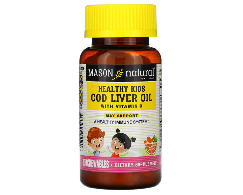 Mason Natural, Жир печени трески Healthy Kids, жевательные конфеты с витамином D, искусственный ароматизатор для апельсинового вкуса, 100 конфет Mason Natural, Жир печени трески Healthy Kids, жевательные конфеты с витамином D, искусственный ароматизатор для апельсинового вкуса, 100 конфет